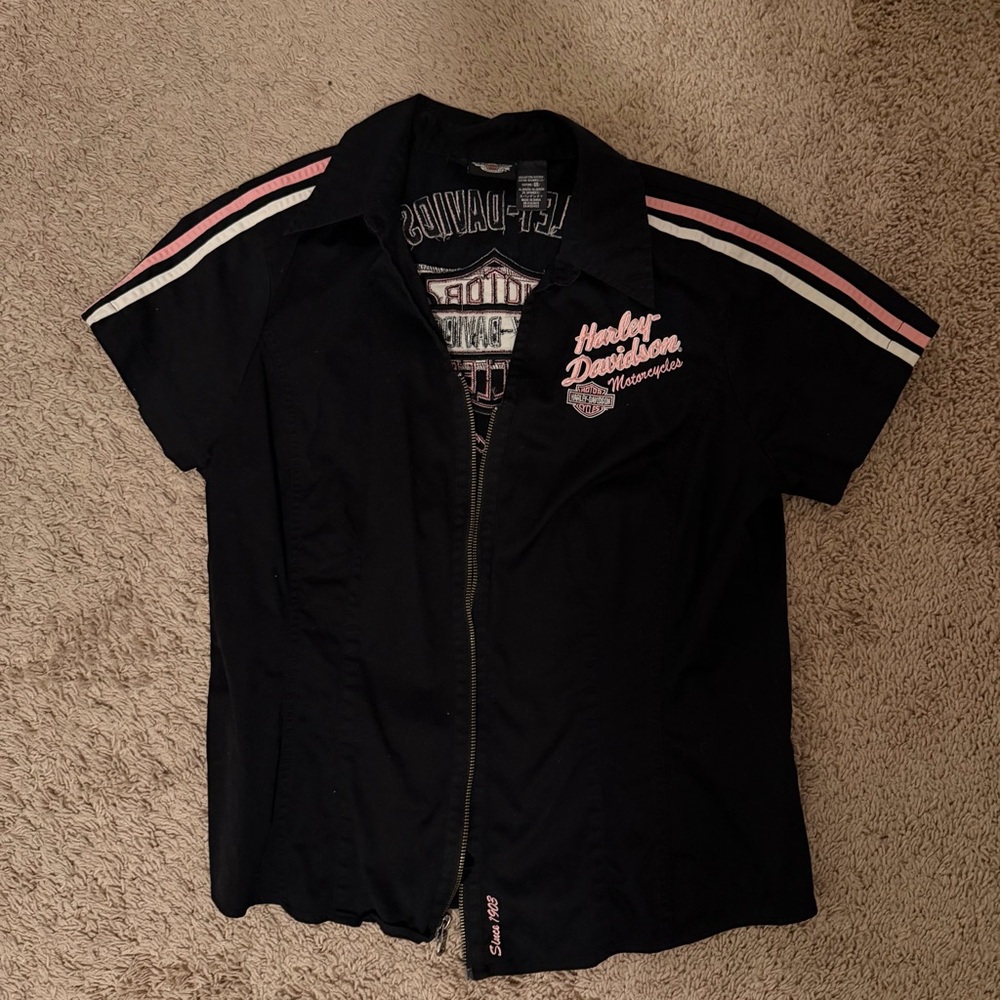 Harley-Davidson Black Zip-Up Shirt with Pink and White Stripes
